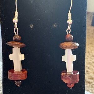 Hand Crafted Stone Jasper and Nacre Cross Earrings